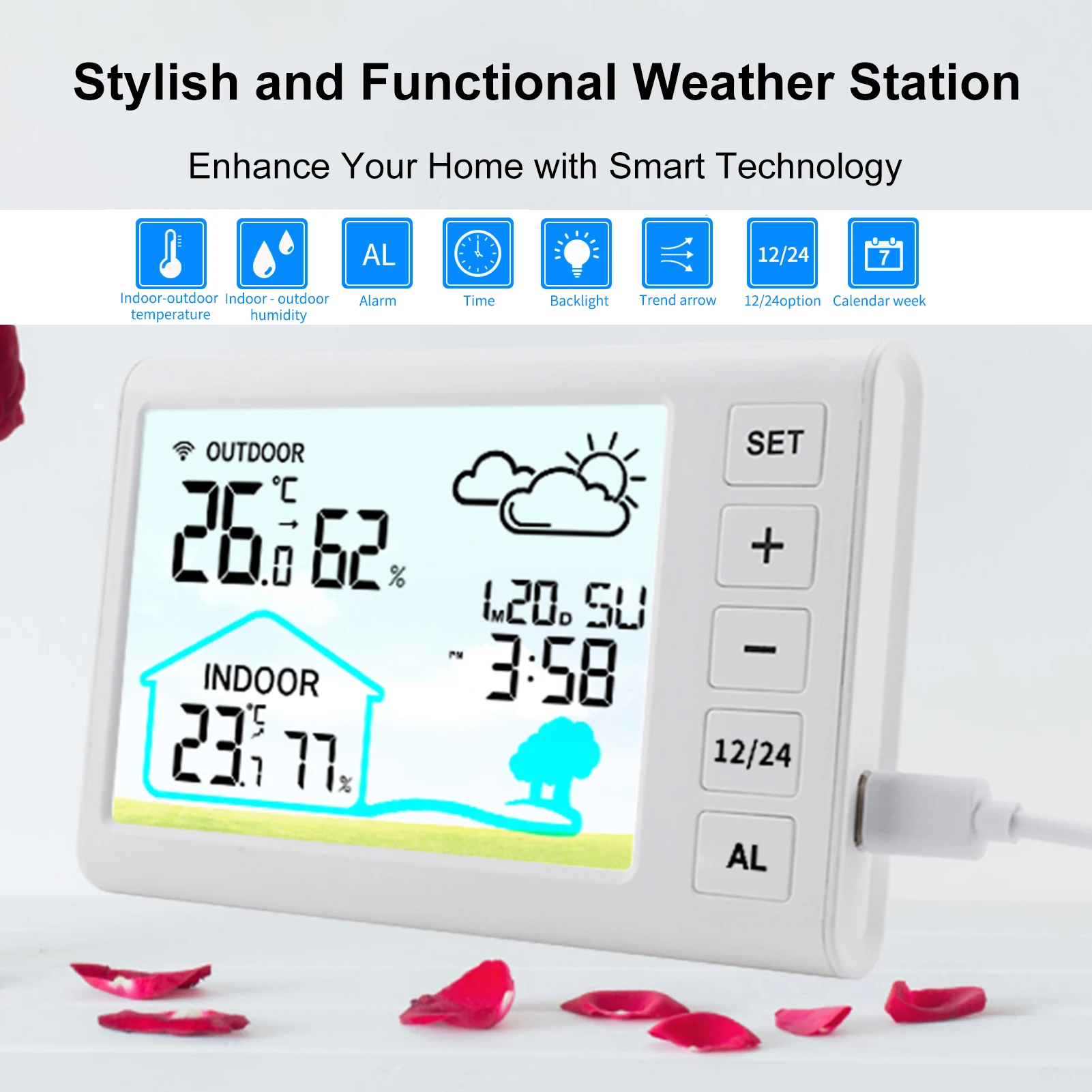 【New】Wireless Weather Station Clock Thermometer Hygrometer with 5-Level Weather Forecast  Humidity Monitoring Alarm Clock