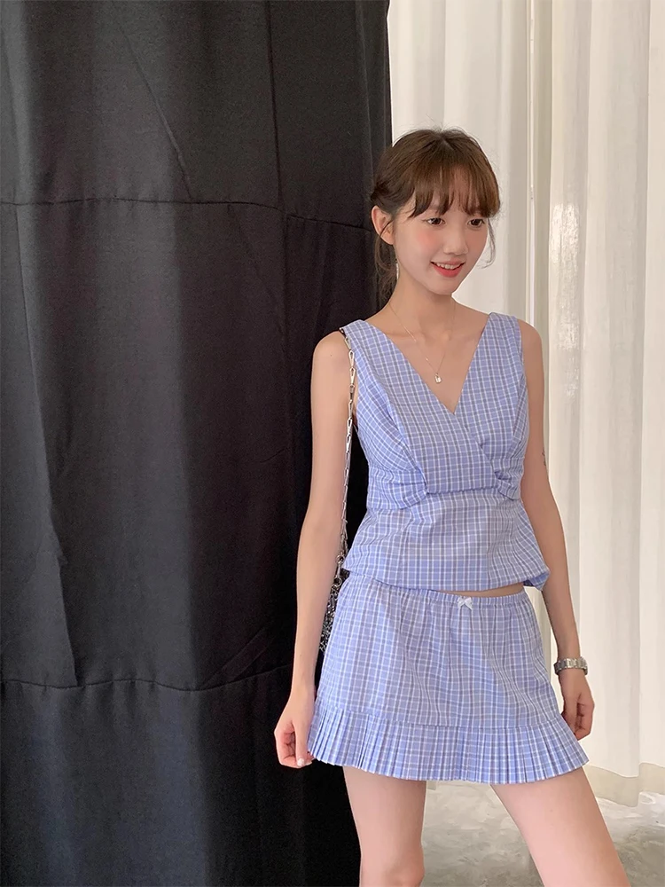 

Жилет в клетку с v-образным вырезом в стиле ретро, женский комплект с юбкой для похудения с высокой талией, новый летний костюм из двух предметов из хлопка