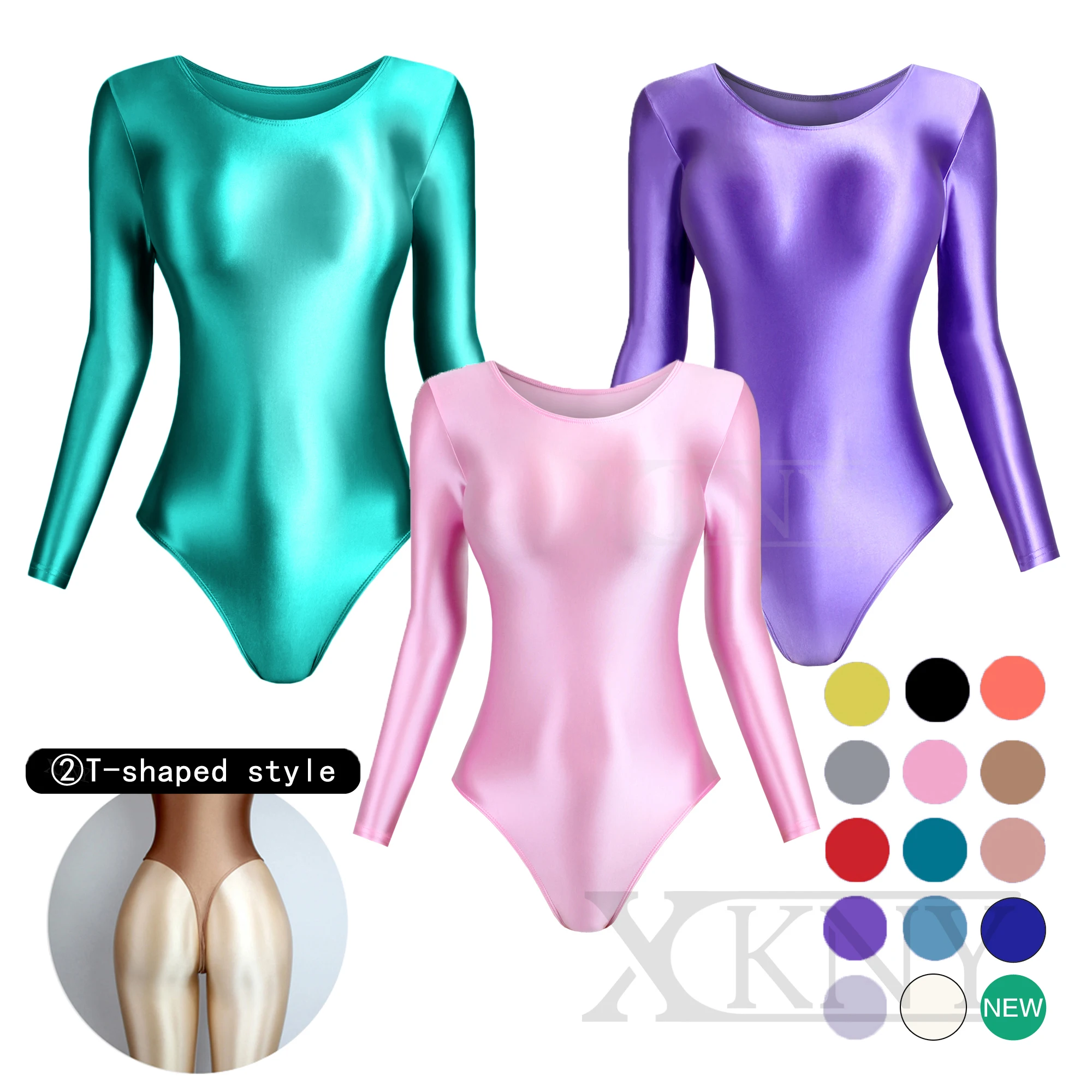 XCKNY satin glossy One piece tights smooth T-shaped high fork long sleeve swimsuit Yoga sportswear solid color gymnastic suit