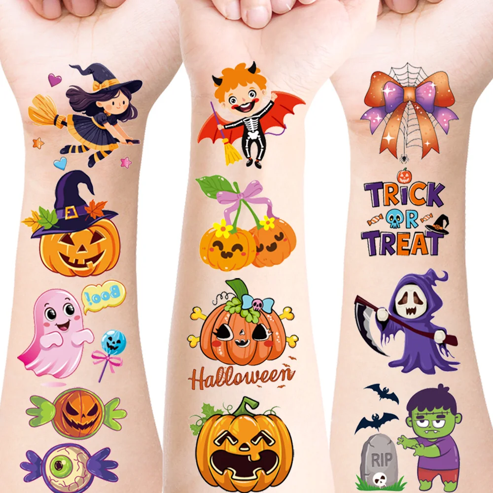 30 Sheets Halloween Temporary Tattoos, Pumpkins Skeletons Zombies Bats Ghosts Magician Cute Patterns, Party Favors Decor Gifts