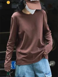 HanOrange Autumn Casual O-neck Pullover Long Sleeve T-shirt Women Loose Simple Bottoming Top Tees Female White/Black/Brown