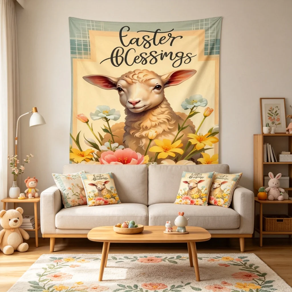 1PC Easter Lamb Flower Art Print Backdrop Banner, Bedroom Living Room Photo Background, Polyester, Home Decor, Wall Art