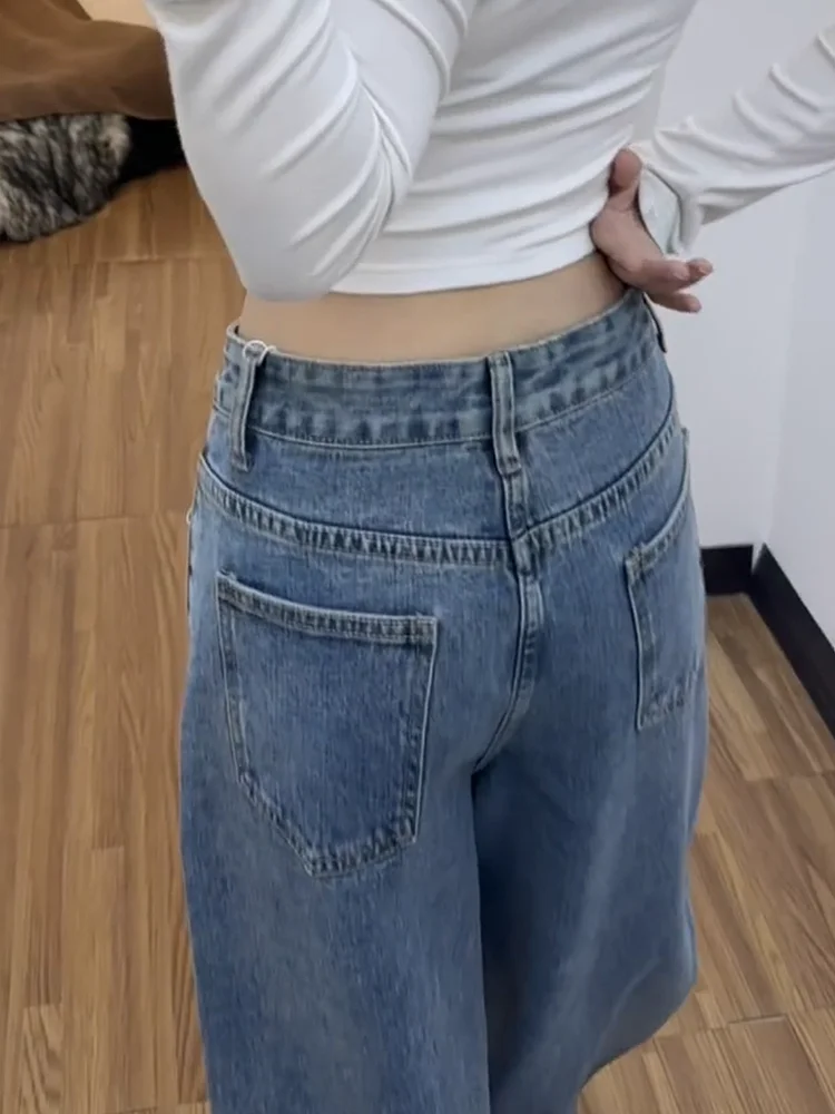 American Retro Letter Print Splashed Ink Curved Knife Jeans Women Spring Design Loose Slim Wide Leg Floor-Length Pants