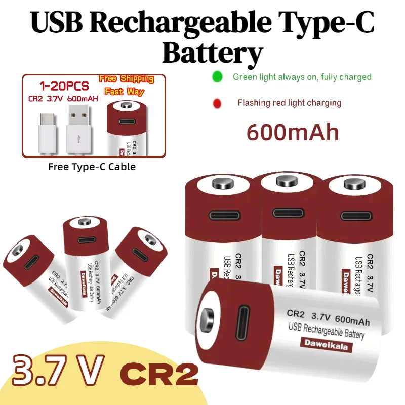 

CR2 3.7V Li-ion USB Rechargeable Battery with Free Type-C Cable for Camera Range Finder Disc Brake Lock SP-1 Printer Flashlight