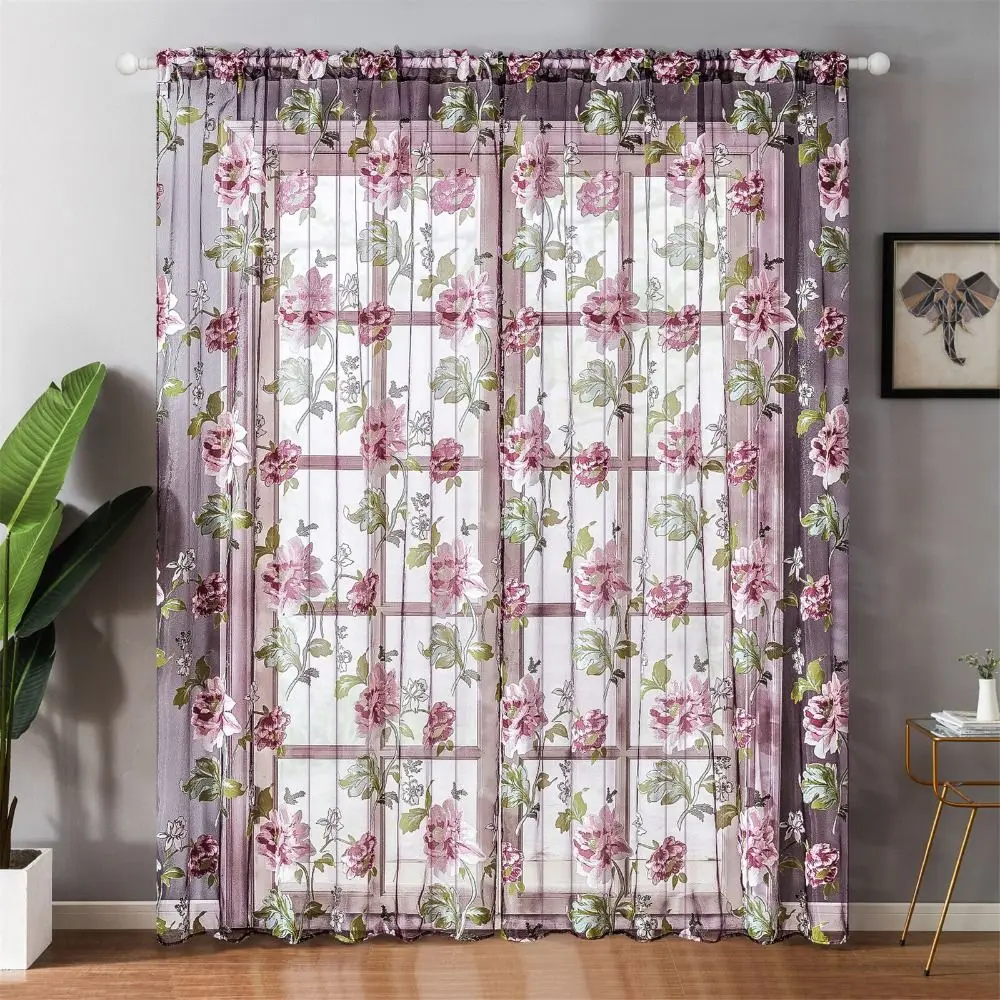 Floral Window Curtains Elegant Polyester Hotel Supplies Home Decoration Curtain Sheer Tulle Peony Voile Curtain Bedroom