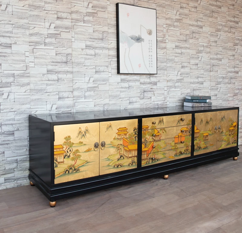 Classical hand-painted retro furniture TV Floor Chinese audio-visual Four-bucket four-door cabinet