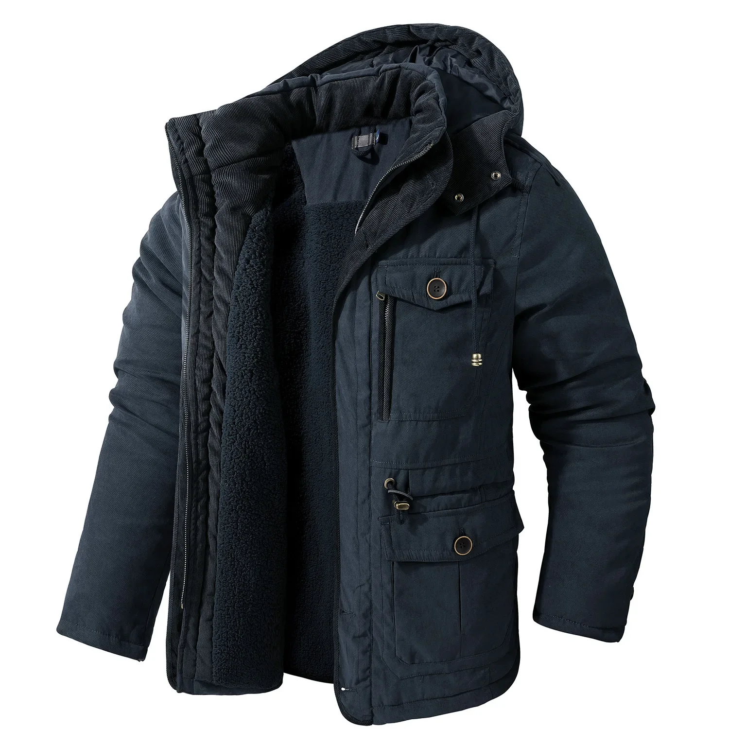 Parka com capuz de lã para homens, jaquetas quentes, casacos grossos, Casaco casual, Casaco acolchoado de algodão, inverno