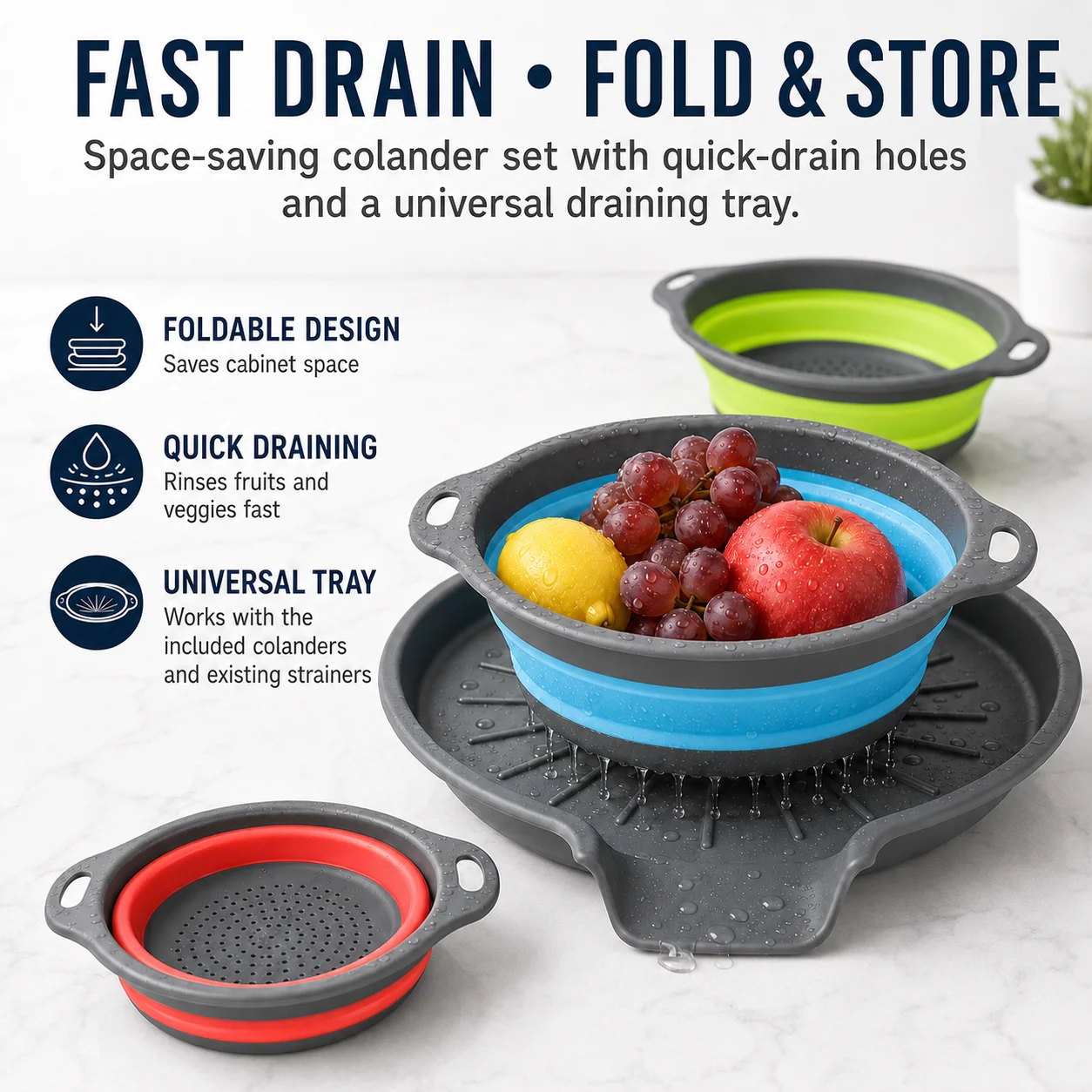 3/4PCS Collapsible Colander Set With Draining Tray BPA Free Silicone Food Strainer Space Saving RV Kitchen Gadgets Accessories