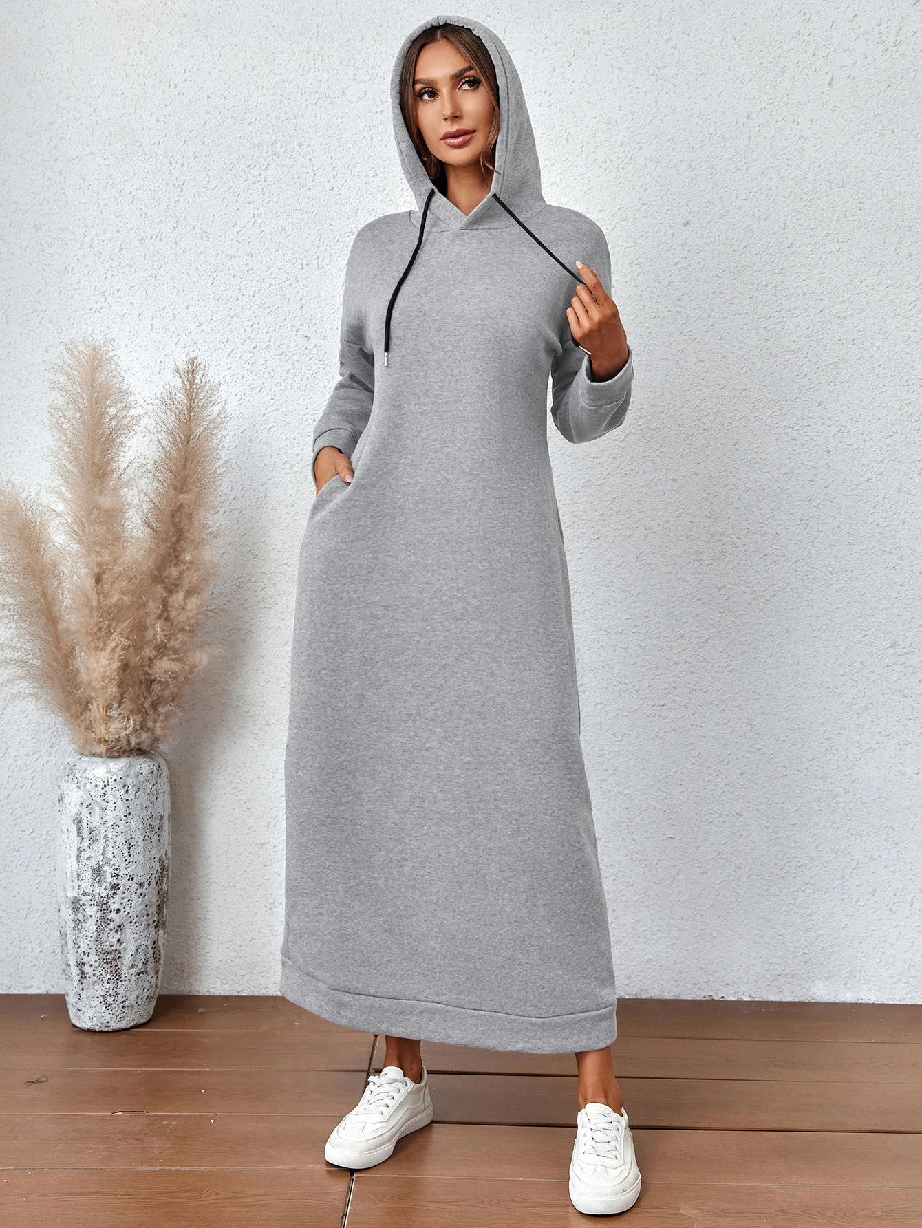 Women Drawstring Hoodie Dress Autumn Winter Loose Sweatshirt With Dropped Shoulders And Side Pockets