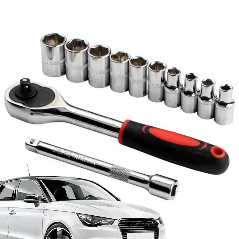 

Socket Wrench 12pcs 1/4In Drive Click Torque Wrench Kit Dual-Direction Adjustable Wrench Kit With Extension Bar Sockets 4-14mm