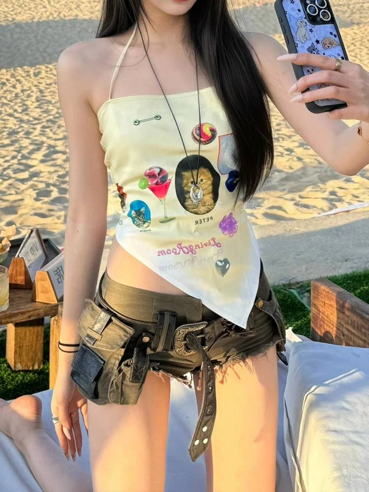 

Ретро-джинсовые шорты в американском стиле с бахромой и эффектом потертости, женские, сексуальные, в стиле Y2K, с массивной пряжкой, джинсы-шорты с эффектом потертости