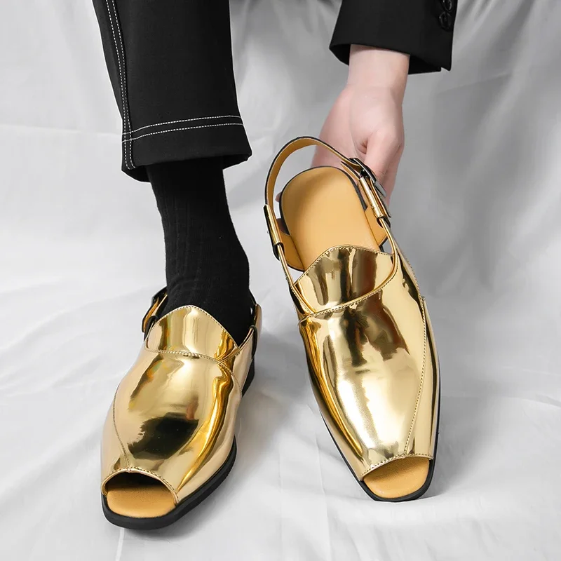 

Men's Gold Silver Glitter Shiny Business Casual Sandals Fish Mouth Outdoor Beach Summer Fashion Non Slip Comfortable Sandalias