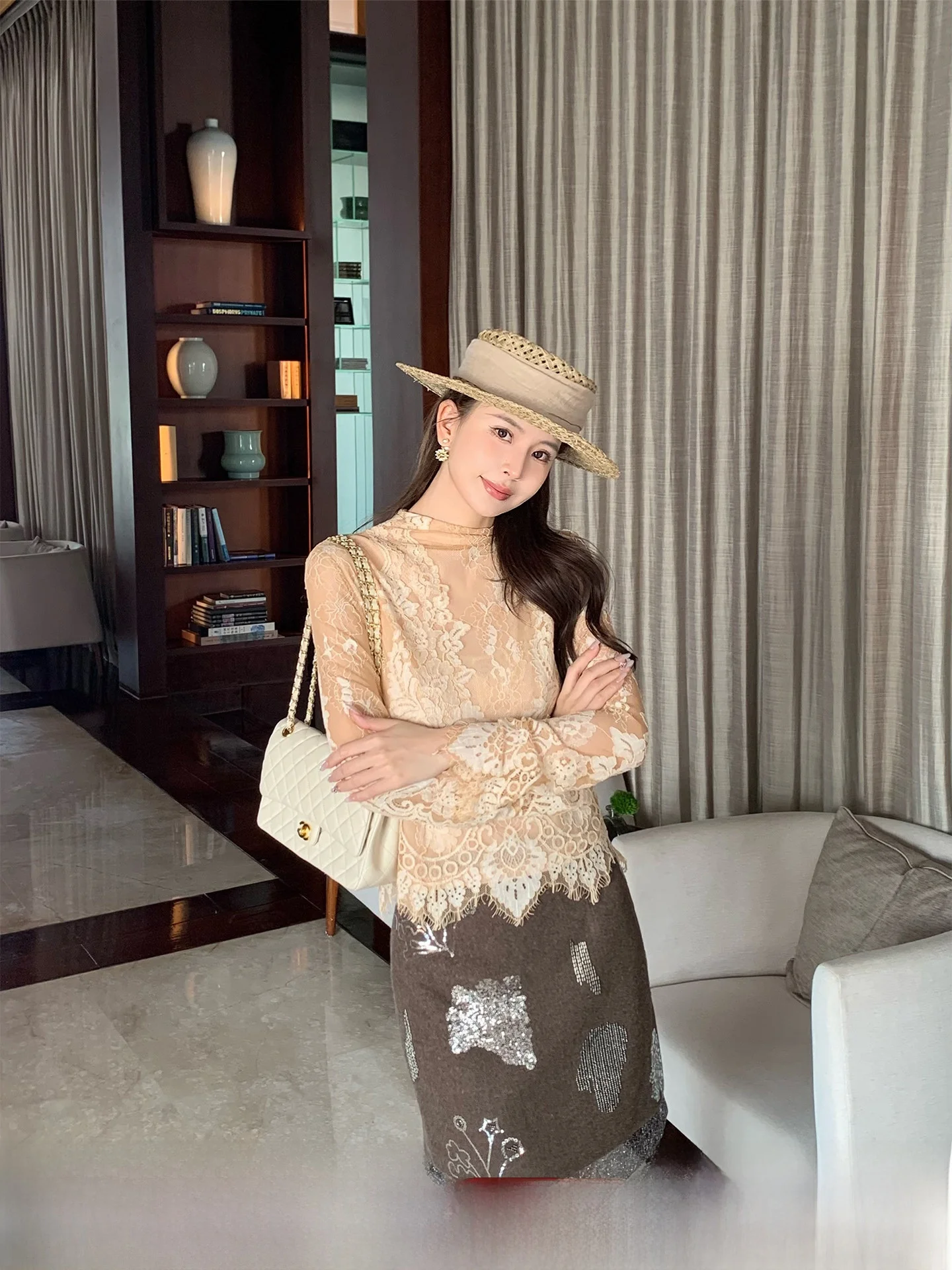 

Женская кружевная блузка Ele Long Sve абрикосового цвета из хлопка и нейлонового волокна, повседневная, весенняя новинка, приталенный топ