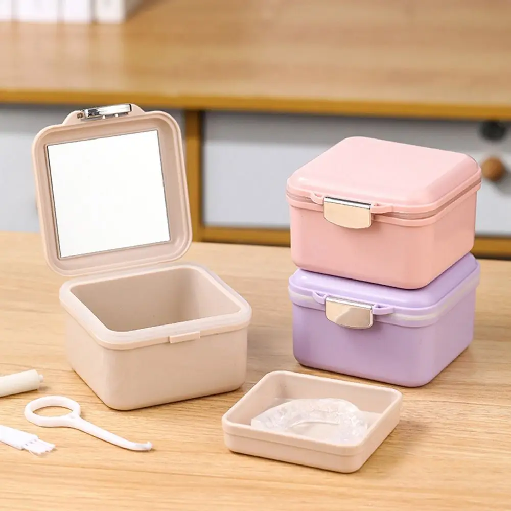 Dustproof 2 in 1 False Teeth Box Double Layer Sealed Mouth Guard Box with Mirror Draining Basket Braces Soaking Cup