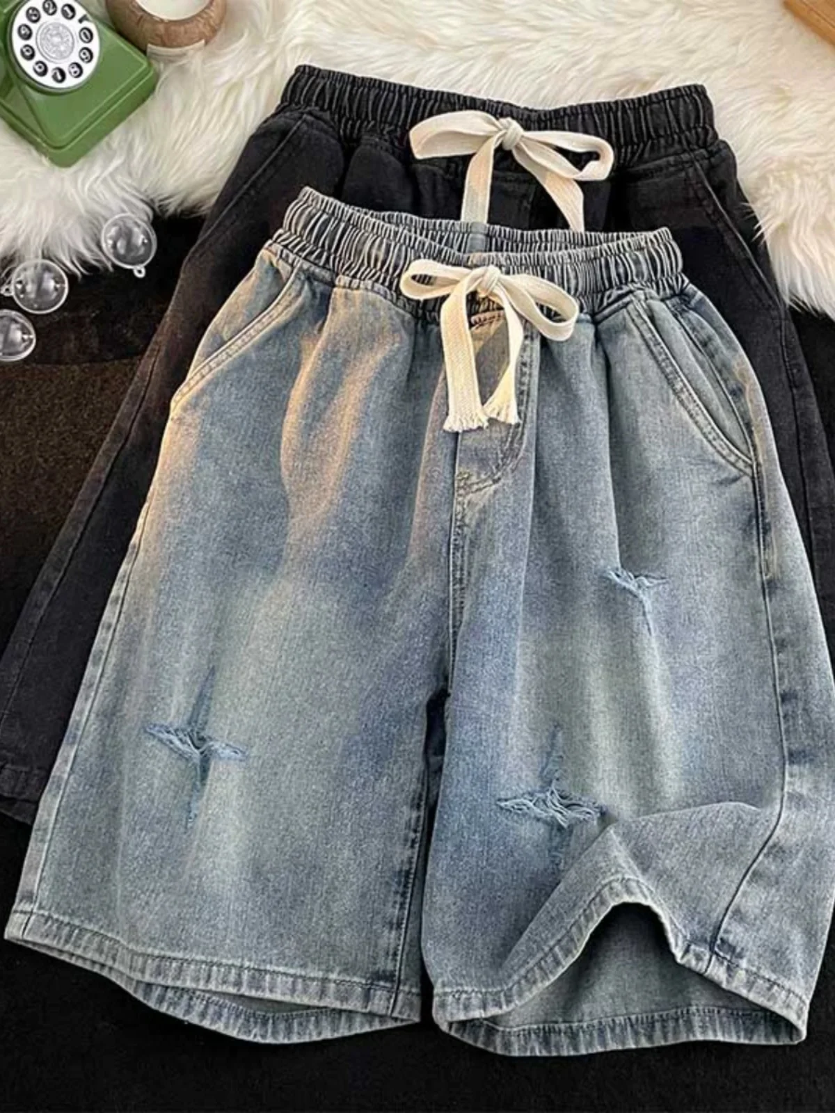 

Summer 2024 Men's Casual Washed Denim Shorts Elastic Waist Five-Quarter Length Trendy Brand Versatile Japanese Style Straight...