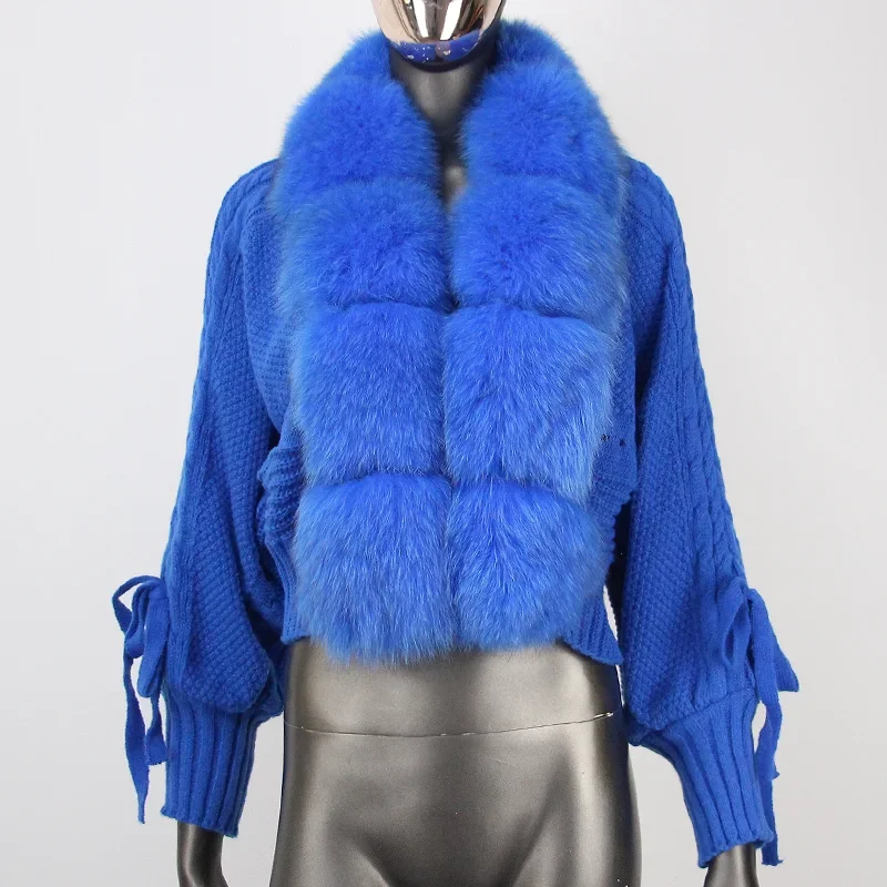 2024 Winter Women New Knitting Cardigan Casual Real Fox Fur New Fashion Short Warm Knitted Jacket with Natural Fur Placket Coat