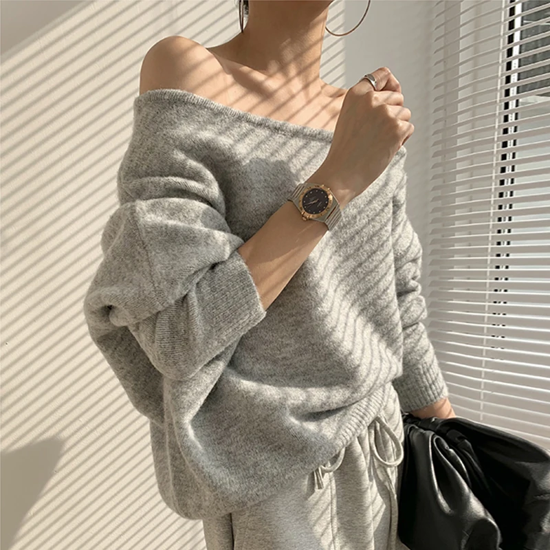 Chic Autumn Winter Shoulder Bared One-Shoulder Loose Casual  Color Long Sleeve Knitted Sweater for Women Commute Style