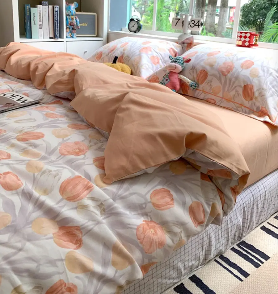 

Fashion sweet pastoral flower tulip orange bedding set,full queen king cotton home textile bed sheet pillow case quilt cover