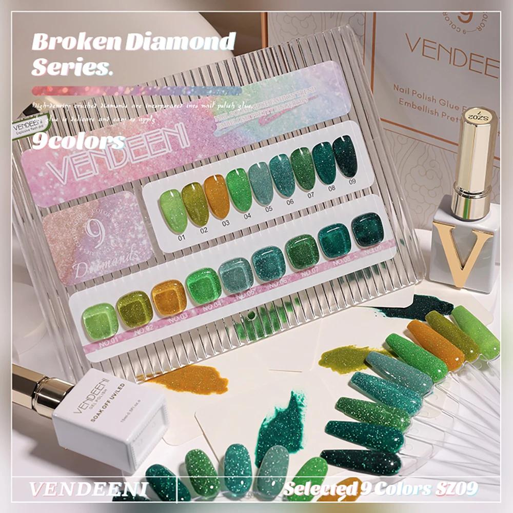 Vendeeni 9 Farben/Set Grüner Glitzer-Broken-Diamond-Gel-Nagellack TPO FREI Semi-Permanenter Glitzer-UV-LED-Gel-Lack mit Display – Detail 8