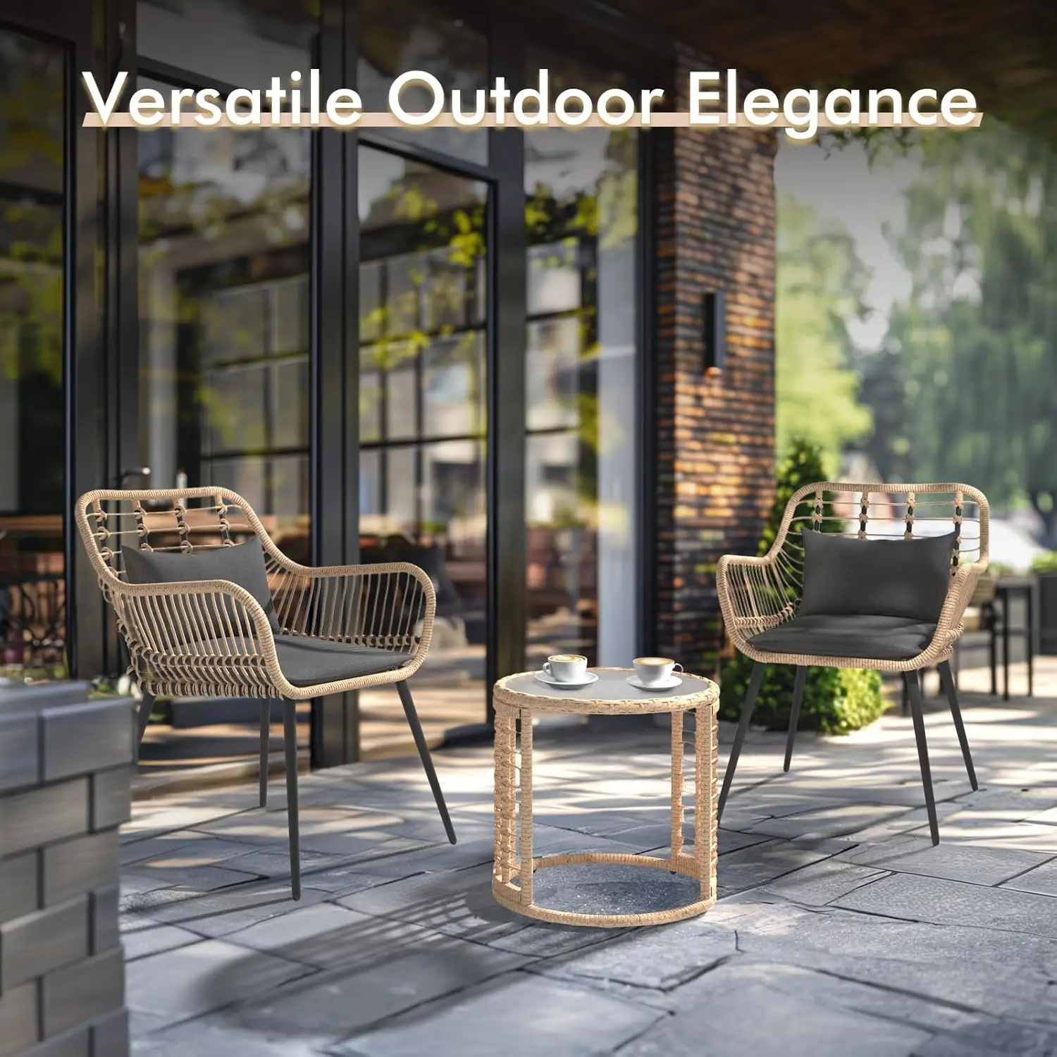 3 Piece Patio Bistro Set, Wicker Outdoor Patio Set with Enhanced Comfort Seating, Round Glass Top Coffee Side Table, Patio Ratta