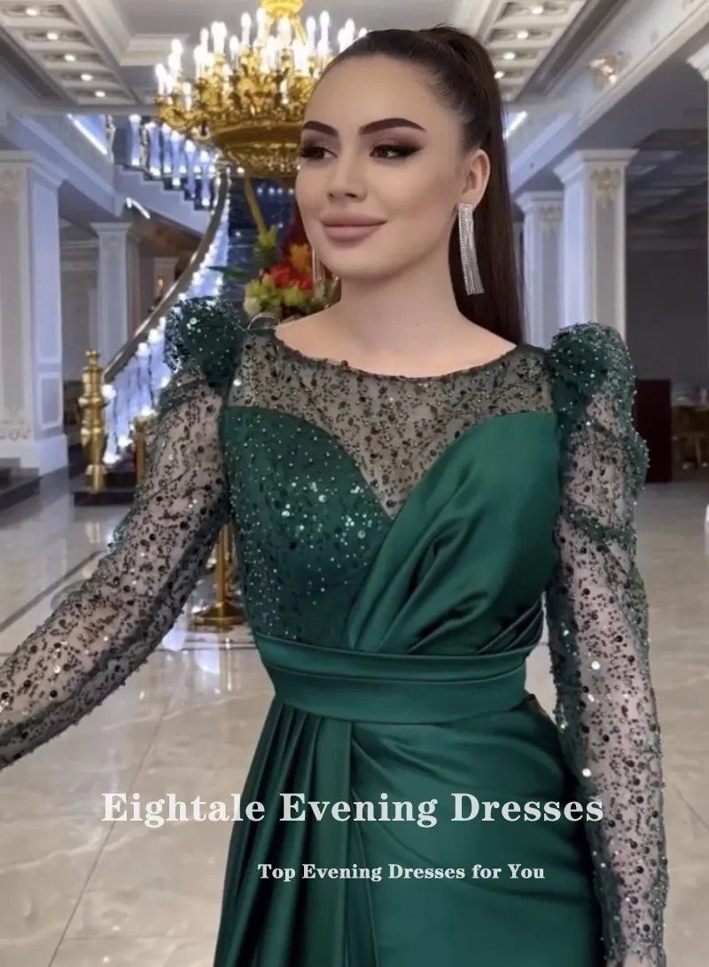 Eightale Emerald Green Evening Dresses O-Neck Glitter Long Sleeves Satin Customized Mermaid Party Prom Gown Vestidos De Noche