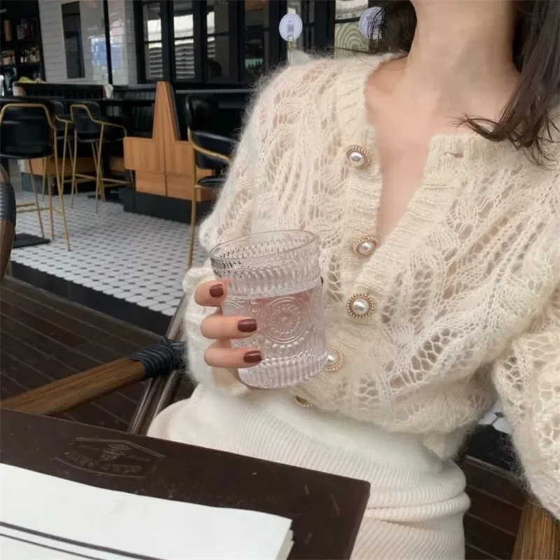 Vintage Elegant Female Cardigans Summer Long Sleeve Women Knitted Cardigan Spring Sweater 2023 Fashion Hollow Out Sweaters Tops