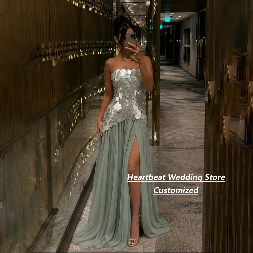 Customized Sage Strapless Sequined Chiffon Mother Of The Bride Gown Draped High Split A Line Formal Wedding Evening Dress
