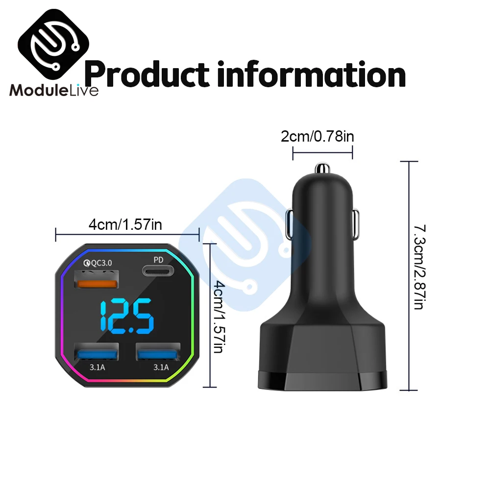 20W 4 Ports USB Car Charger Fast Charging PD Quick Charge QC 3.0 3.1A USB C  Car Phone Charger Adapter LED Voltmeter DC 12V 24V