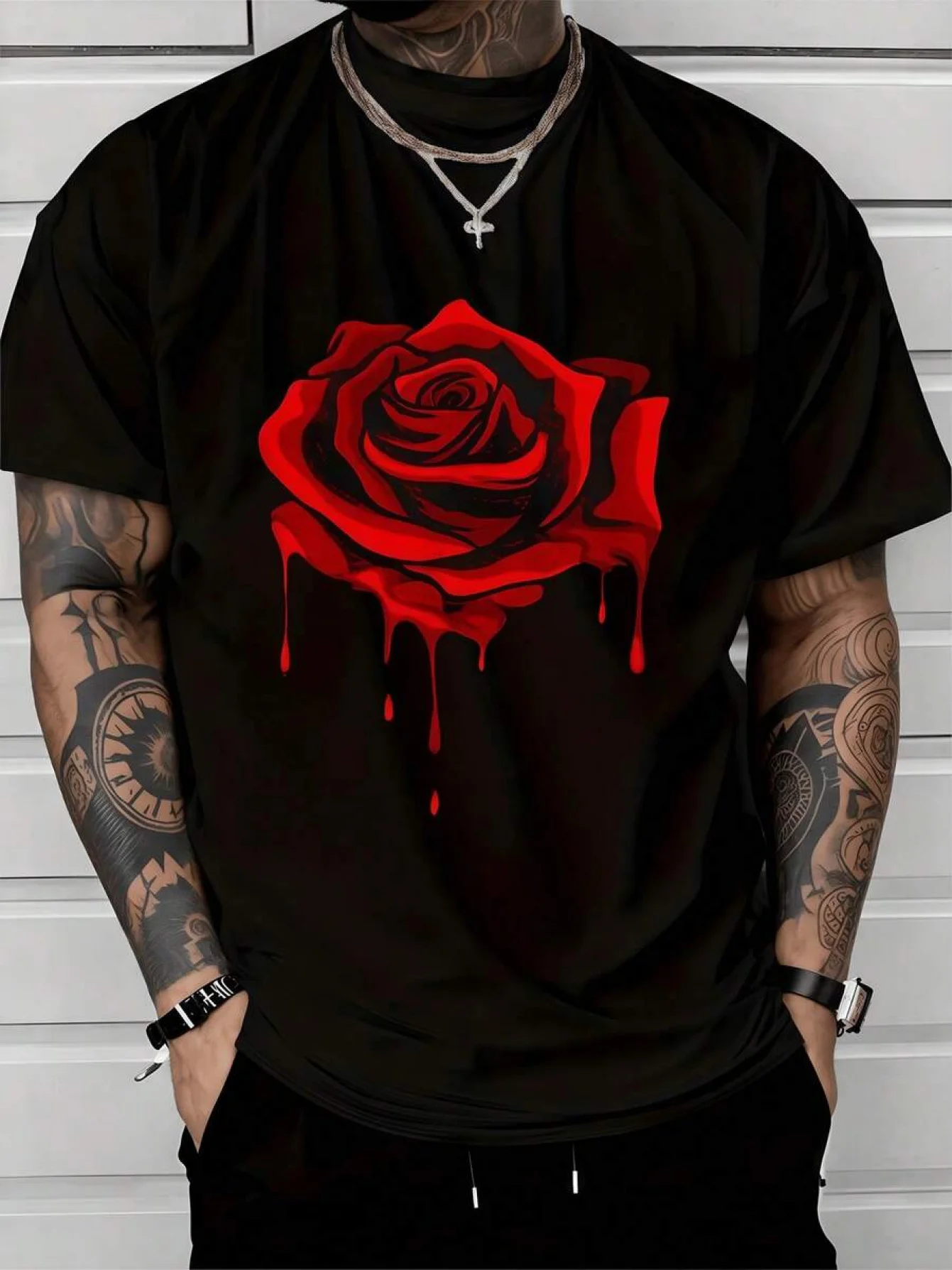Dripping Red Roses Symbolize Passion and Power, Printed on a Soft Men's Loose-fitting Casual T-shirt