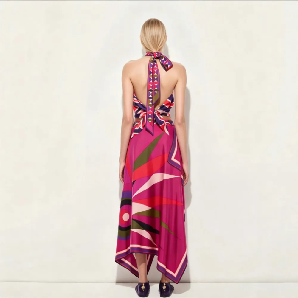 Summer New Printed Sexy Halter Backless Suit Women's Fashion Satin Irregular Skirt Female Vacation 2-piece Set 2026