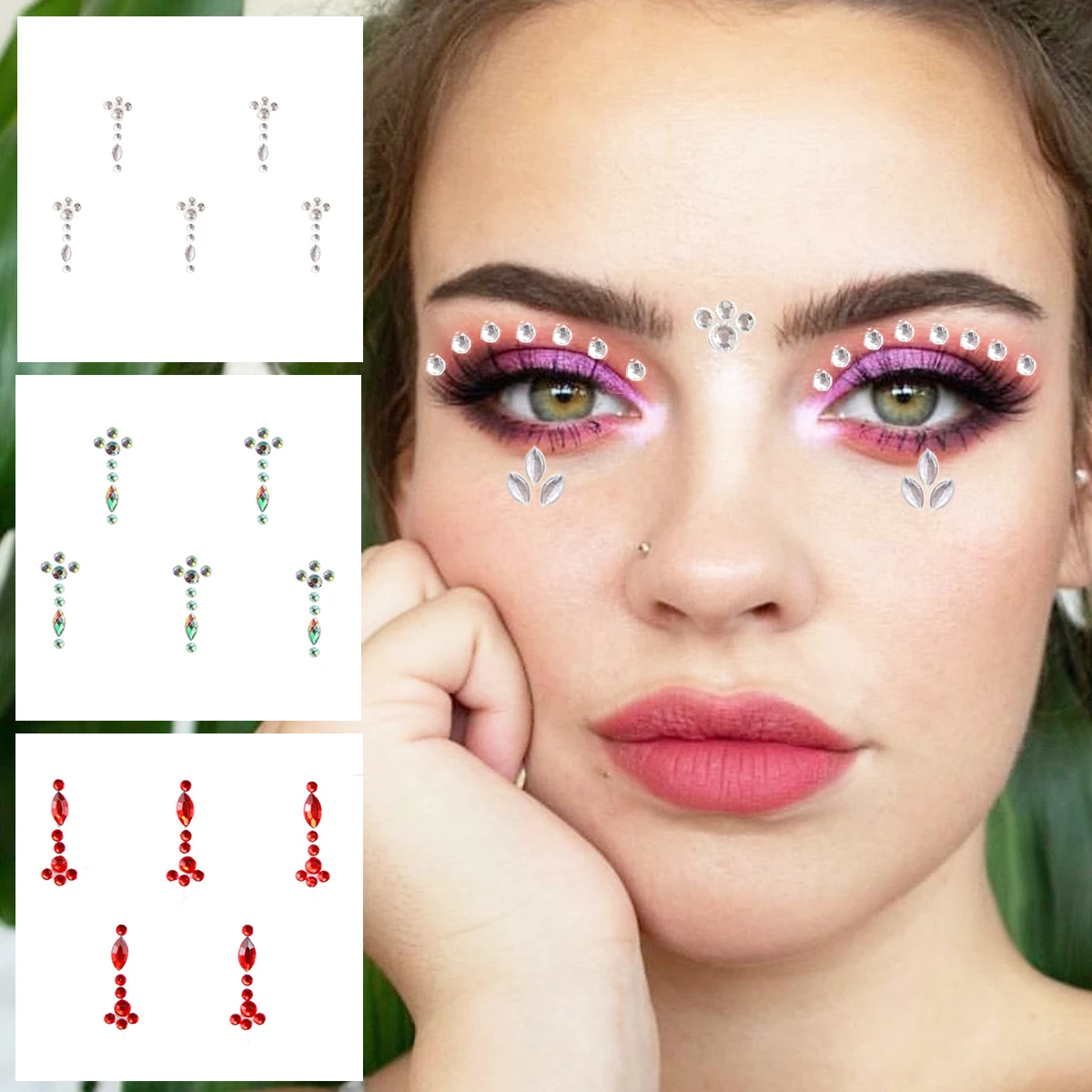 Face Jewelry For Women Temporary Tattoos Eye Eyebrow Crystals Jewels Makeup Sticker 3D Glitter Dots Tears Gems Festival Body Art