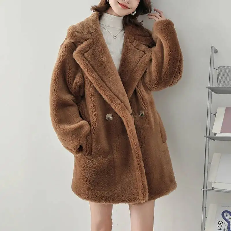 Women Lamb Woolen Coat Autumn Winter Fleece Outerwear Luxury Thick Warm Sheepskin Fur Coat Medium-Length Loose Female Overcoat