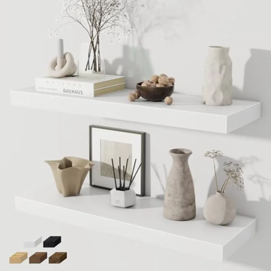 

White Floating Shelves for Wall Set of 2 28 Rustic Wood Wall Mounted Deep Shelf in White for Living Room Bedroom Bathroom Kitch