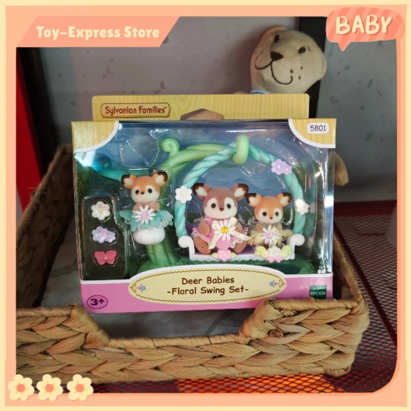 Sylvanian Families Calico Critters Mädchen Kinderspielzeug Miniatur Anime Figur Puppe Kinderspielzeug Geschenk Hirschbabys Blumenschaukelset