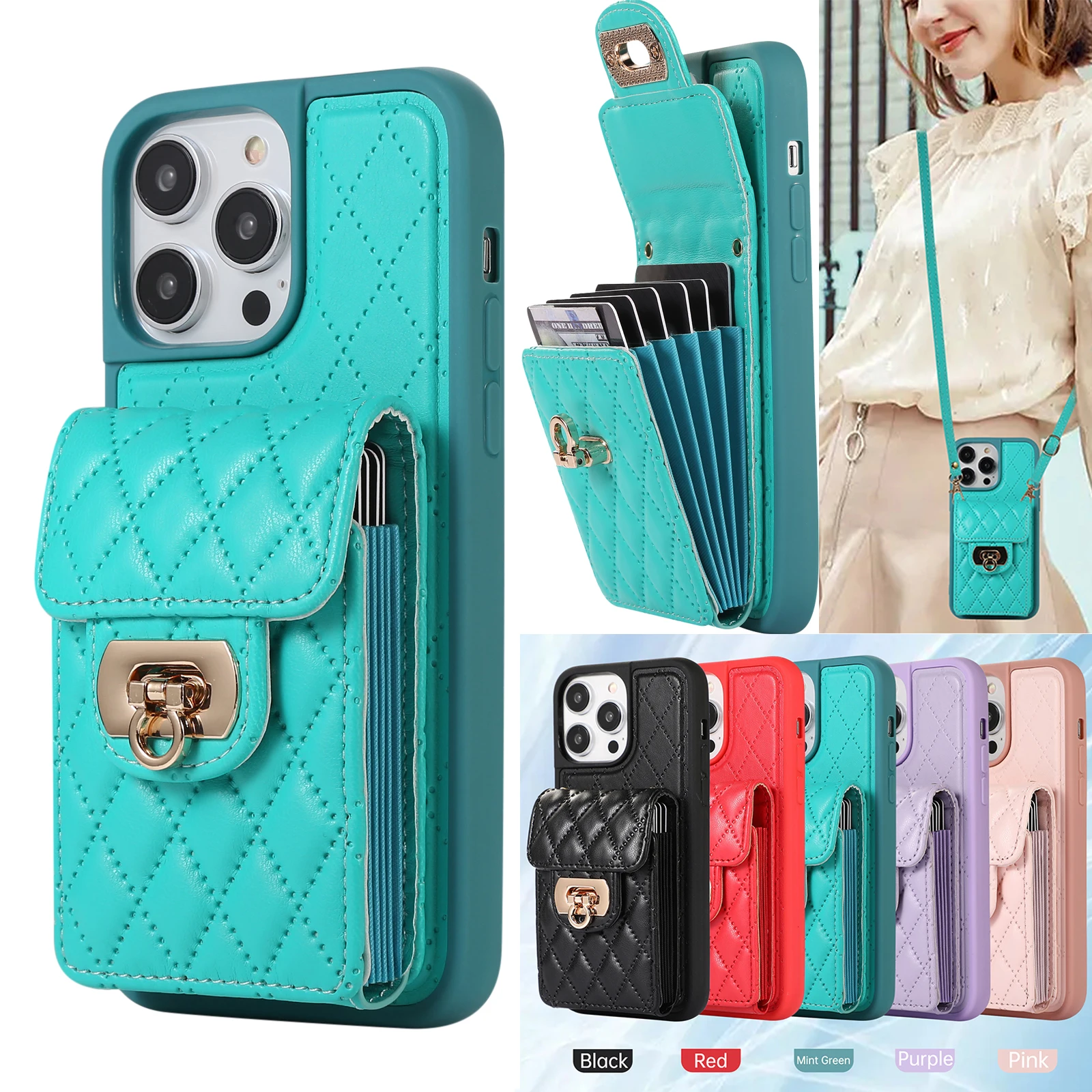 Multi Cards Holder Wallet Flip Leather Cover for iPhone 15 14 13 12 11 Pro Max Crossbody Lanyard Case XR X XS 8 7 SE3 2022 Funda