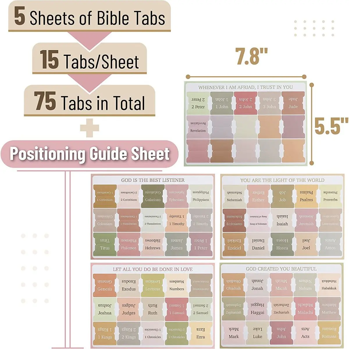 5sheet Self-adhesive Bible Index Tabs,Boho Theme, Page Markers Classify Sticker For Women And Men Study Bible