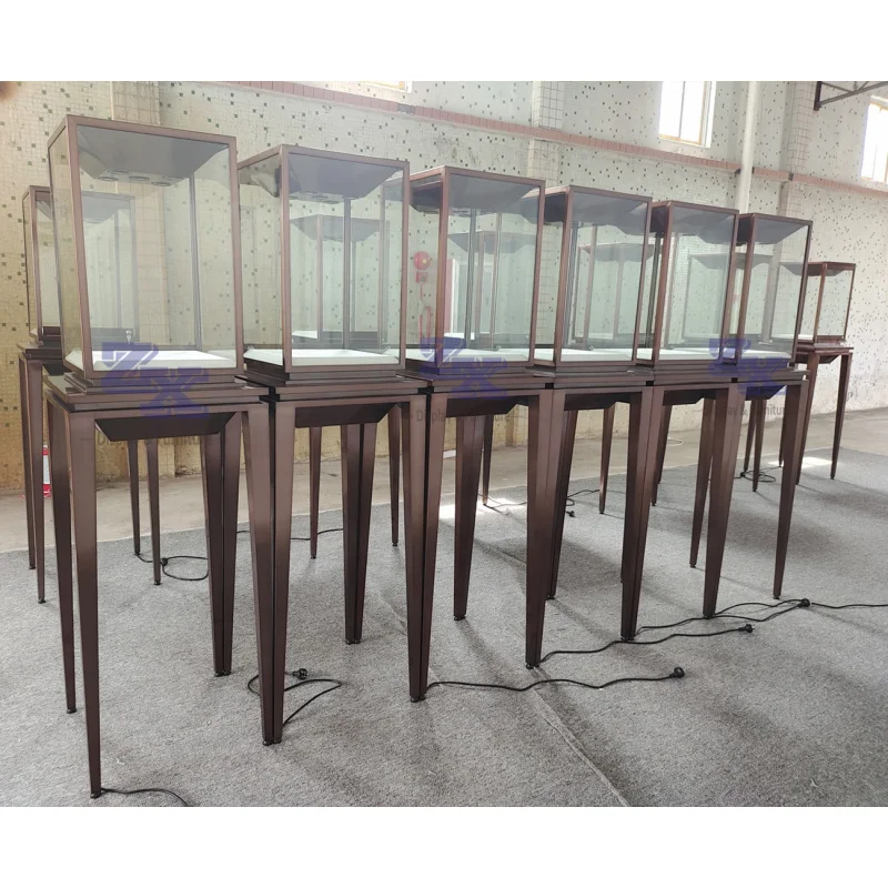 Présentoir de bijoux en acier inoxydable brossé PVD haut de gamme, vitrine en verre, raccords de bijouterie