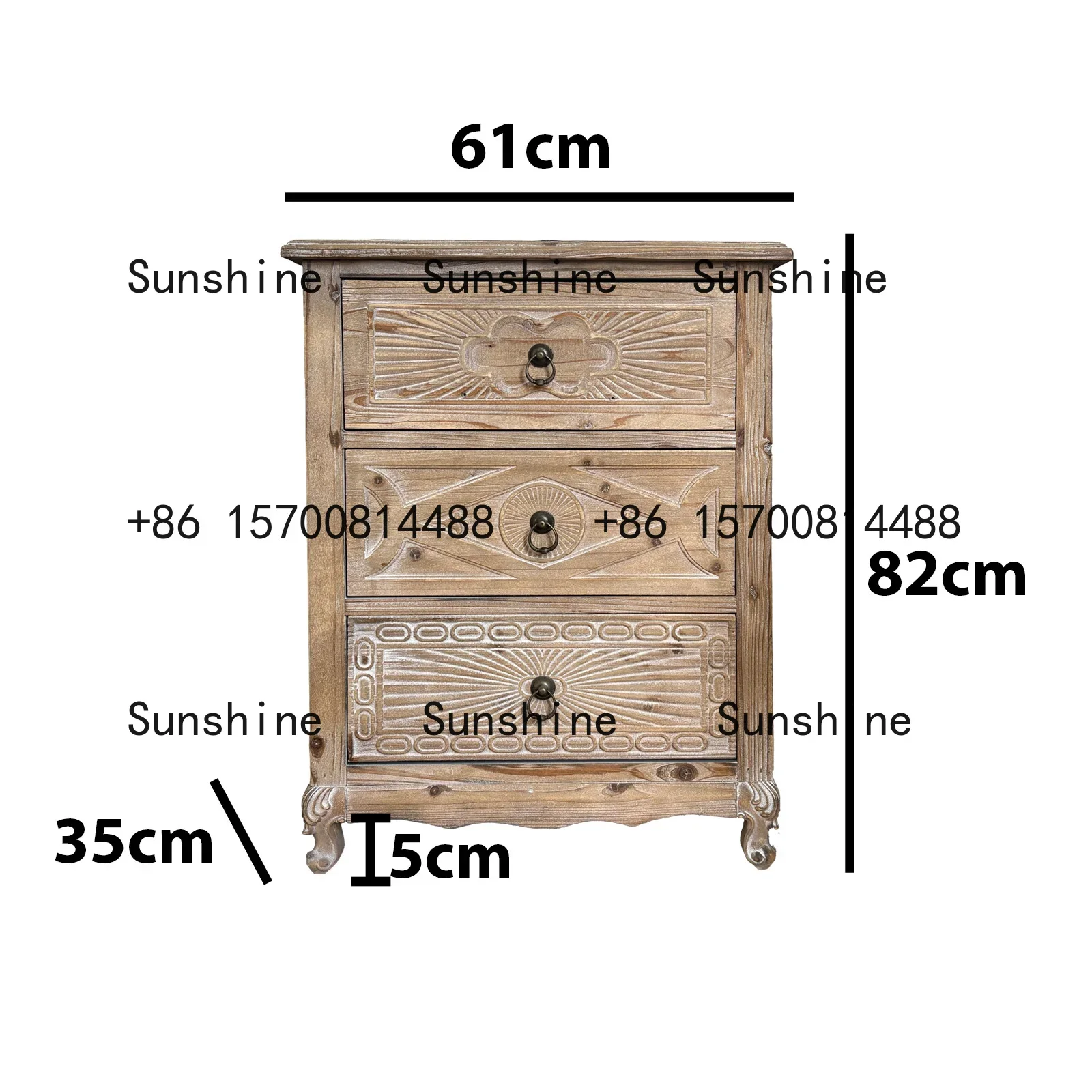 Fir low side cabinet carved log color three-drawer cabinet 61*35*82cm