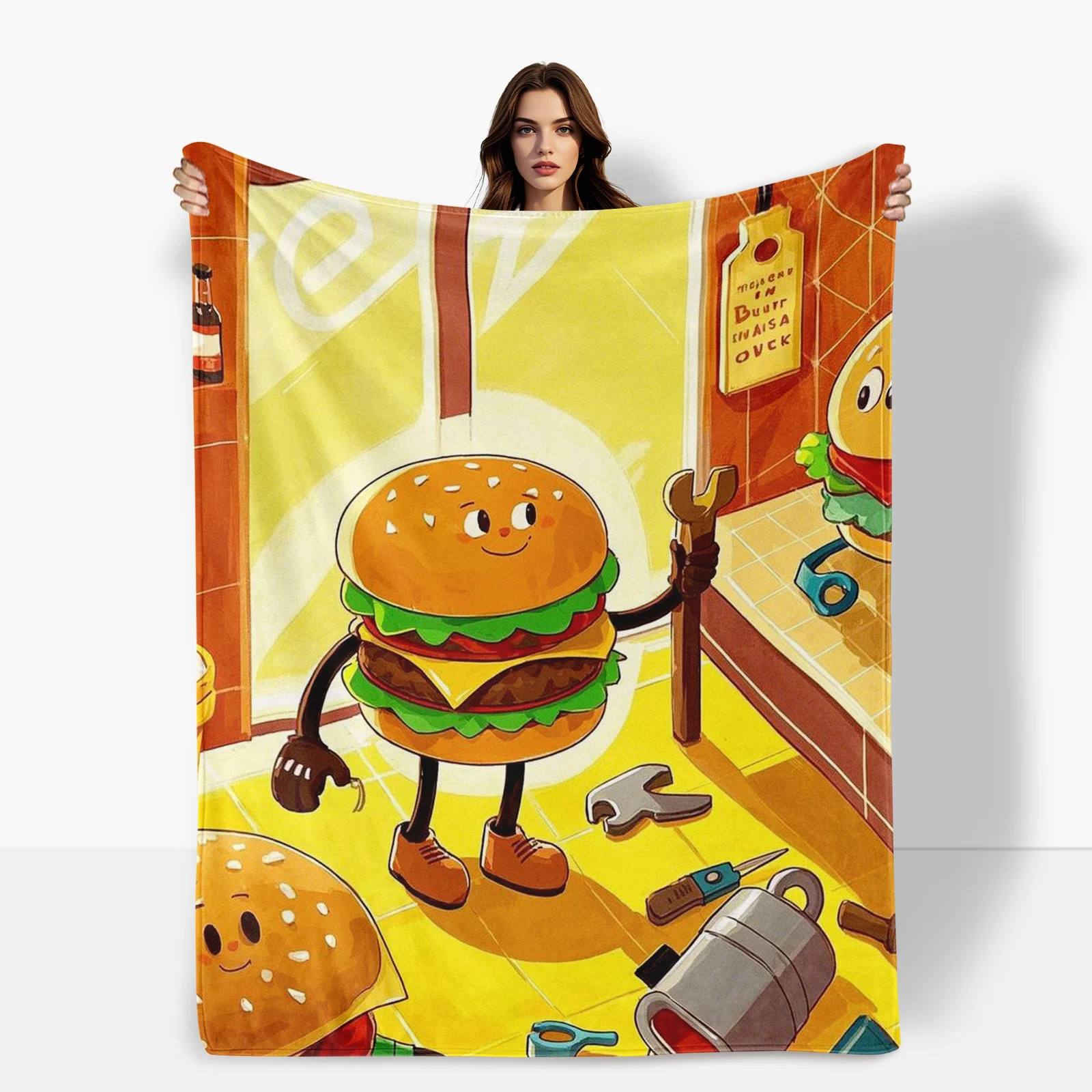 Żółty hamburger Ilustracja Klucz do butów Przytulny koc dla dzieci i dorosłych Unikalny pomysł na prezent Wystrój domu Ciepły rzut