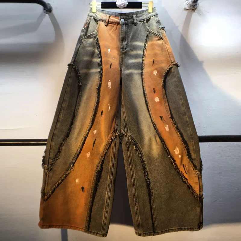 

Europe 2025 Autumn New Color Block Painted High Waist Slimming Wide Leg Straight Jeans, Long Pants, Women's Patchwork Trousers