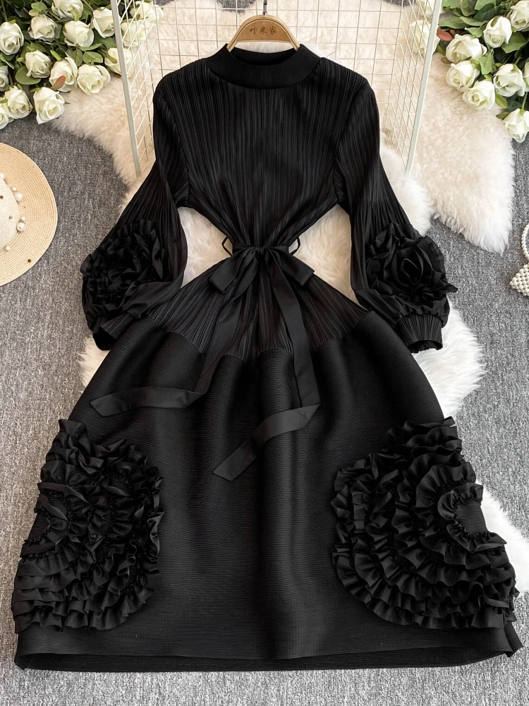 Women's Pleated Lace Elegant Temperament Lace Up Puff Sleeves High Waisted Dress Vestidos French Y2k Fashion Spring Autumn 2024