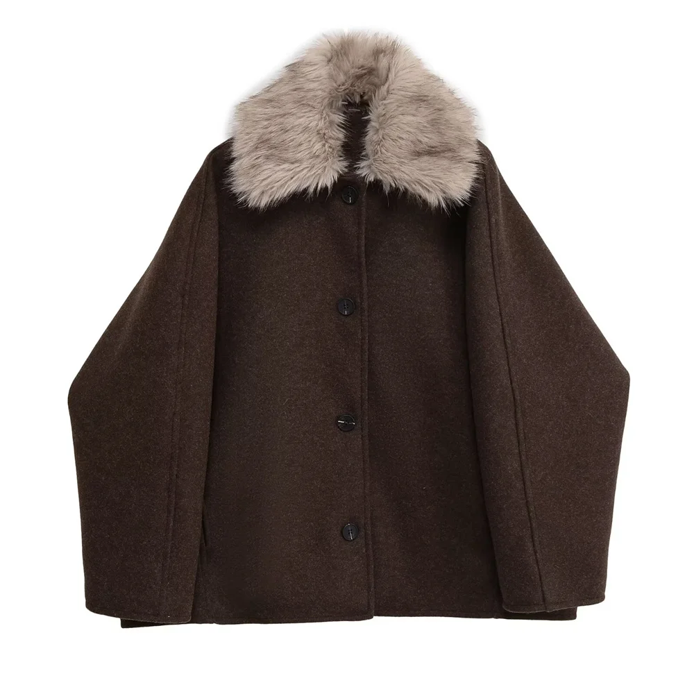 

new women's fashion casual collar long sleeved contrasting faux fur effect jacket soft jacket