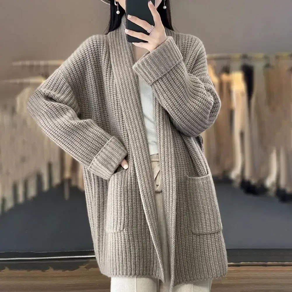 New Korean Version of Goat Mid Cardigan Sweater Simple Open Stitch Sweater Loose Languid Lazy Knit Sweater 2024 Autumn Winter