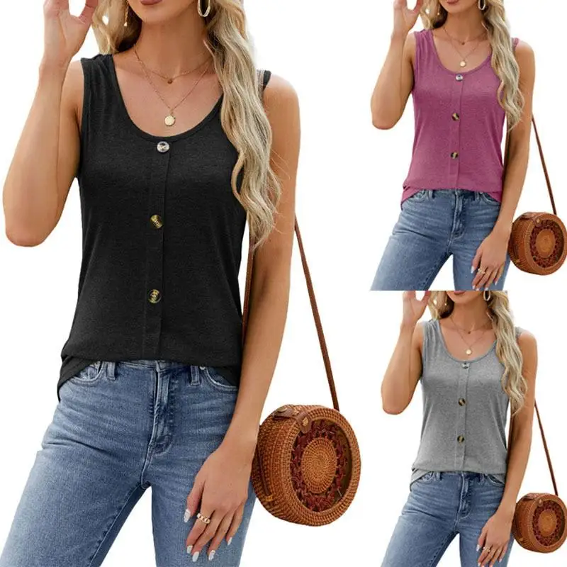 

Summer Casual round Ne Button Pure Color Svel Vest Large Size Women's Wear A-Line Narrow Strap Vest ort Sle