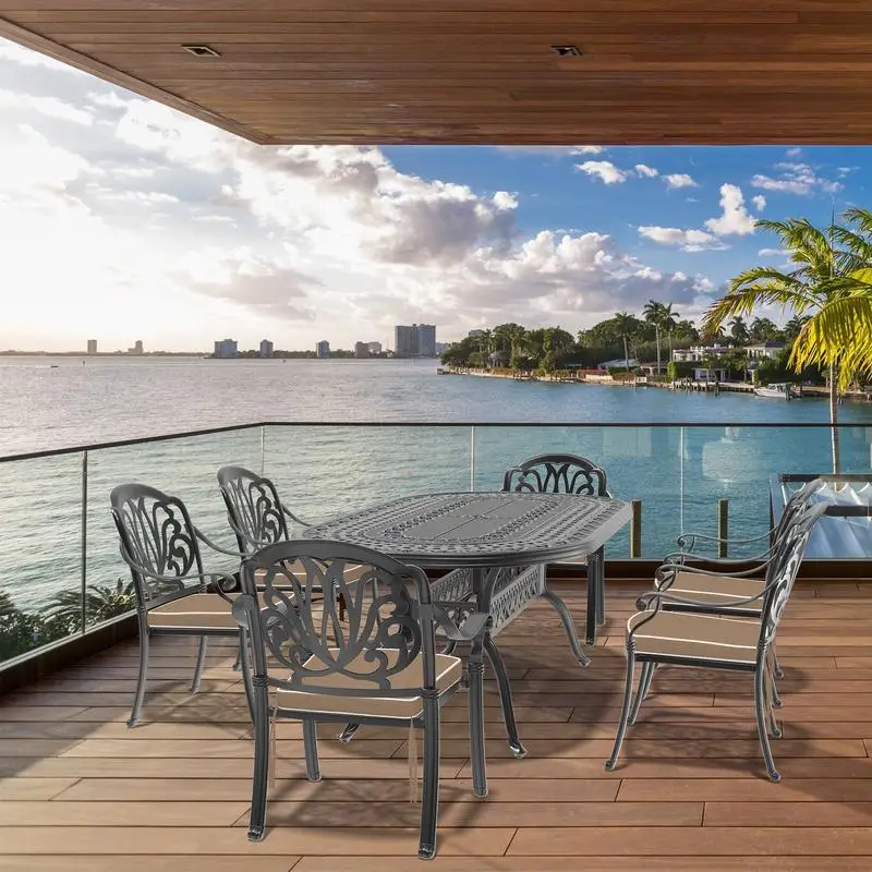 

7-Pc Cast Aluminum Patio Furniture Set with Brown Cushions