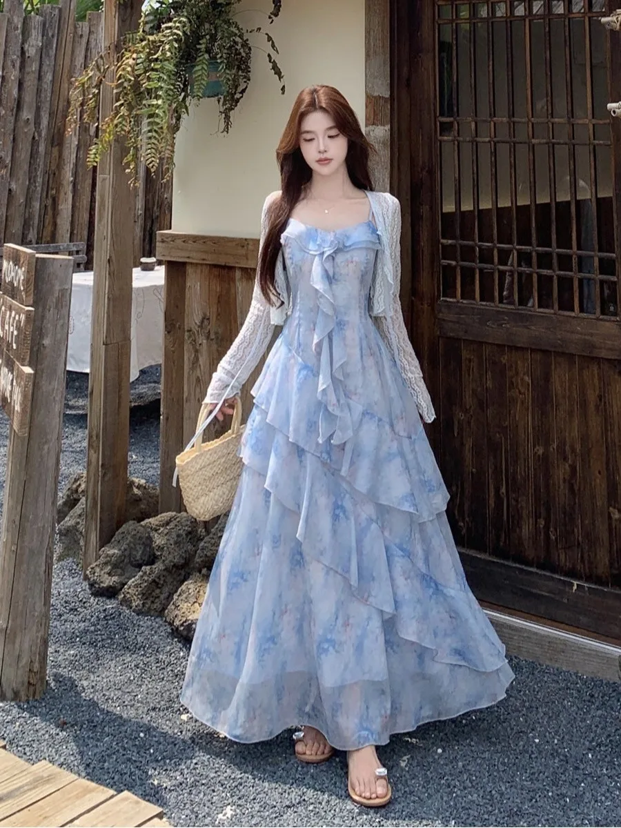 

plus Size Beautiful Floral Print Summer Dress Women's Thin Cardigan Top Holiday Style Commute Fashion High Waist Long Skirt