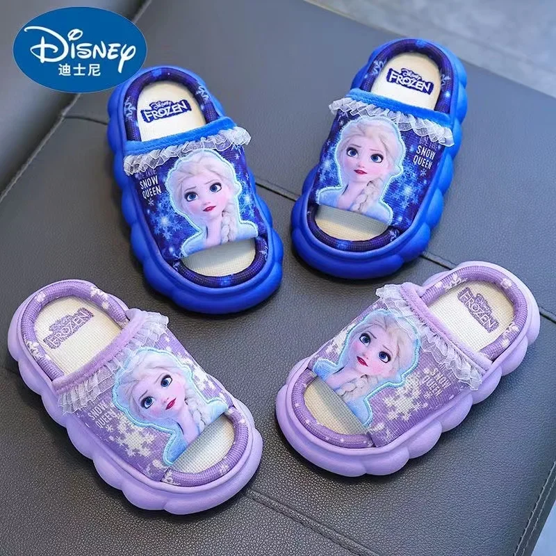 Disney-Chinelos de praia antiderrapantes infantis, chinelos de bebê meninas, desenhos animados princesa Elsa, sapatos de interior para crianças, congelados, novo, 24-36