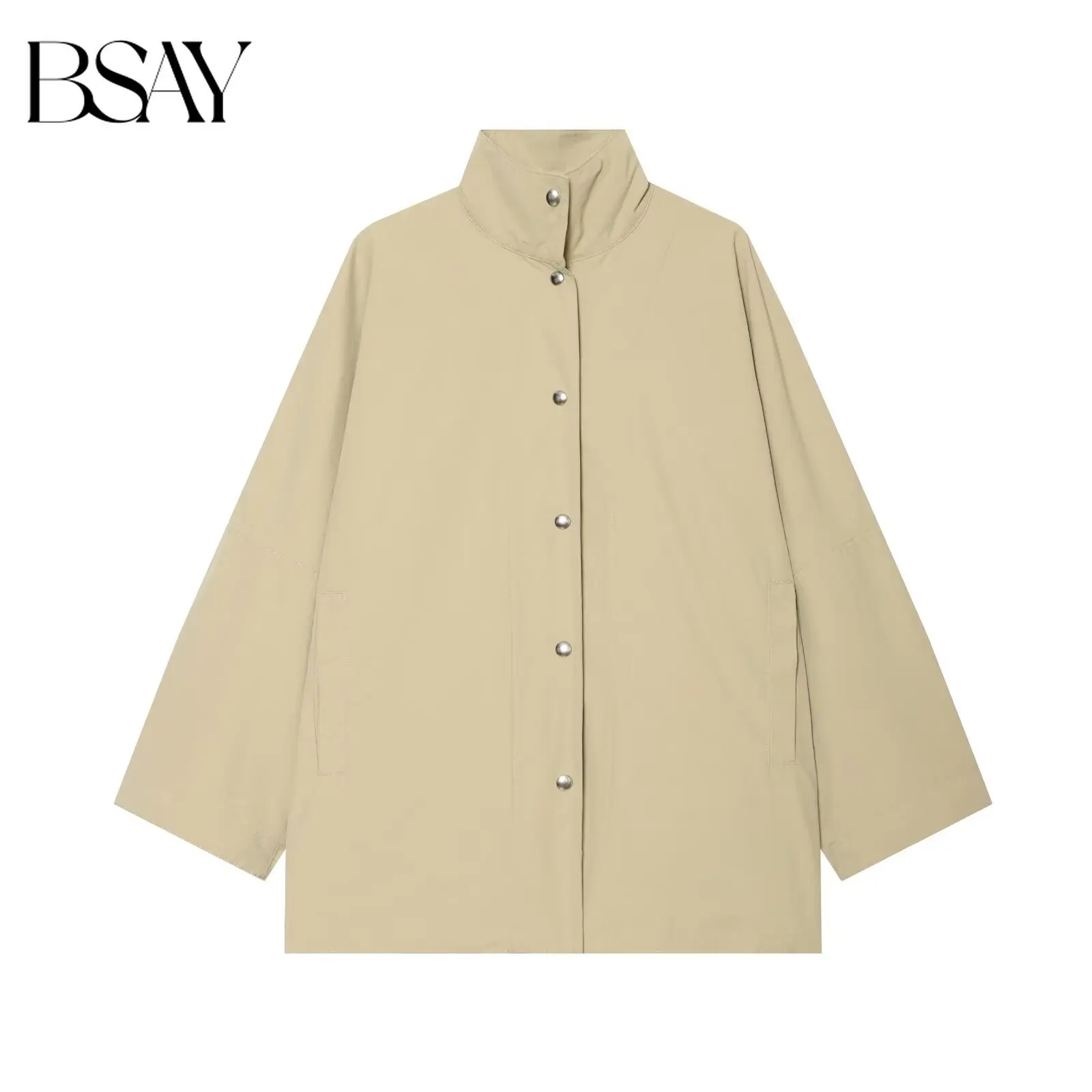 BSAY 2026 Women's Fashion Oversized Stand Collar Utility Jacket Casual Solid Color Button-Down Windbreaker Coat For Streetwear