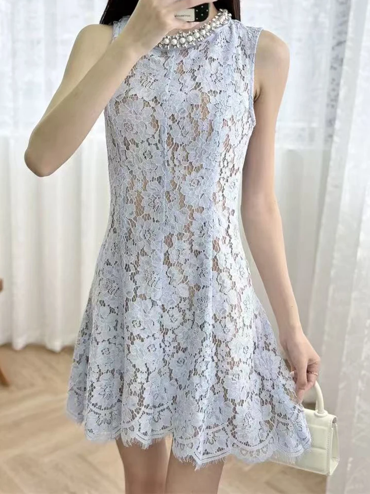 

2025 Summer New Fashion Temperament Blue Lace Mini Dress Women Elegant Sleeveless O Neck Beaded Decoration Slim Robe Ladies
