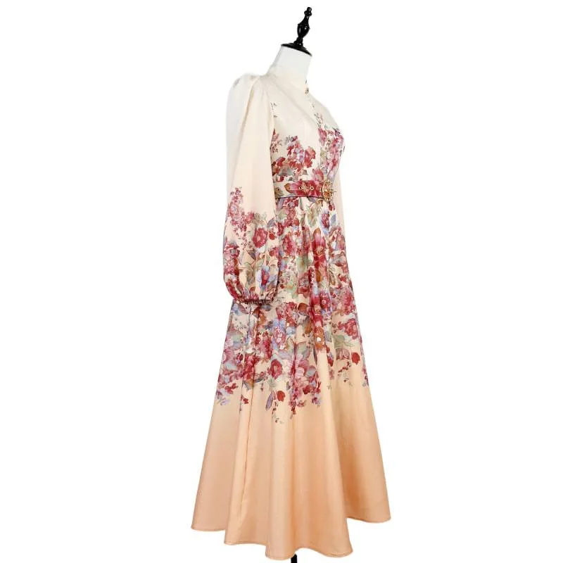 レトロプリントロングドレススタンドカラーシングルボタンランタンスリーブレディース春夏秋ファッションミッドウエストAラインドレス